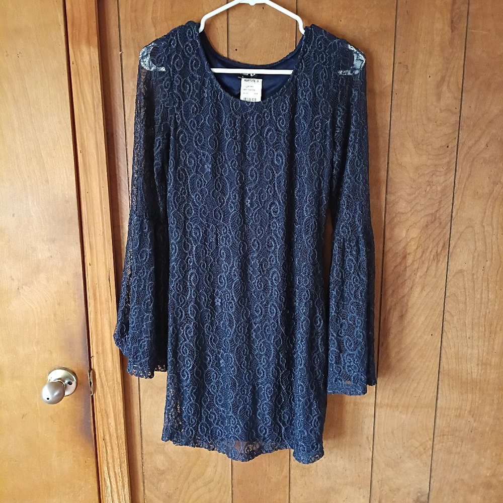 Double Zero Navy Blue Lace Bell Sleeve Dress Size Large Boho Sheer Overlay